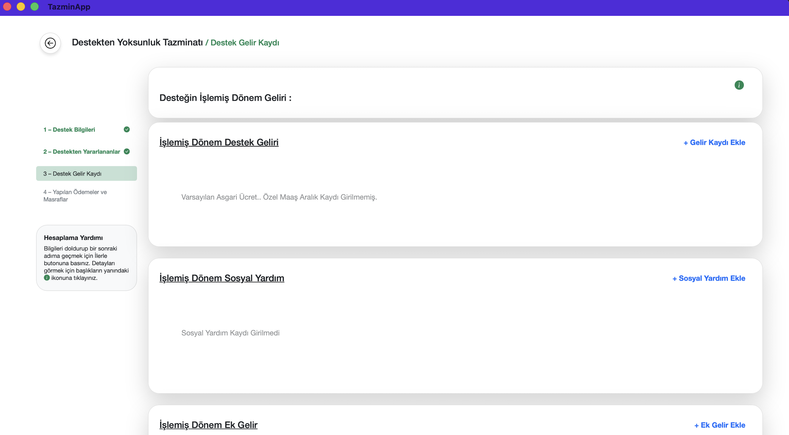 İşlemiş dönem destek geliri ekranı