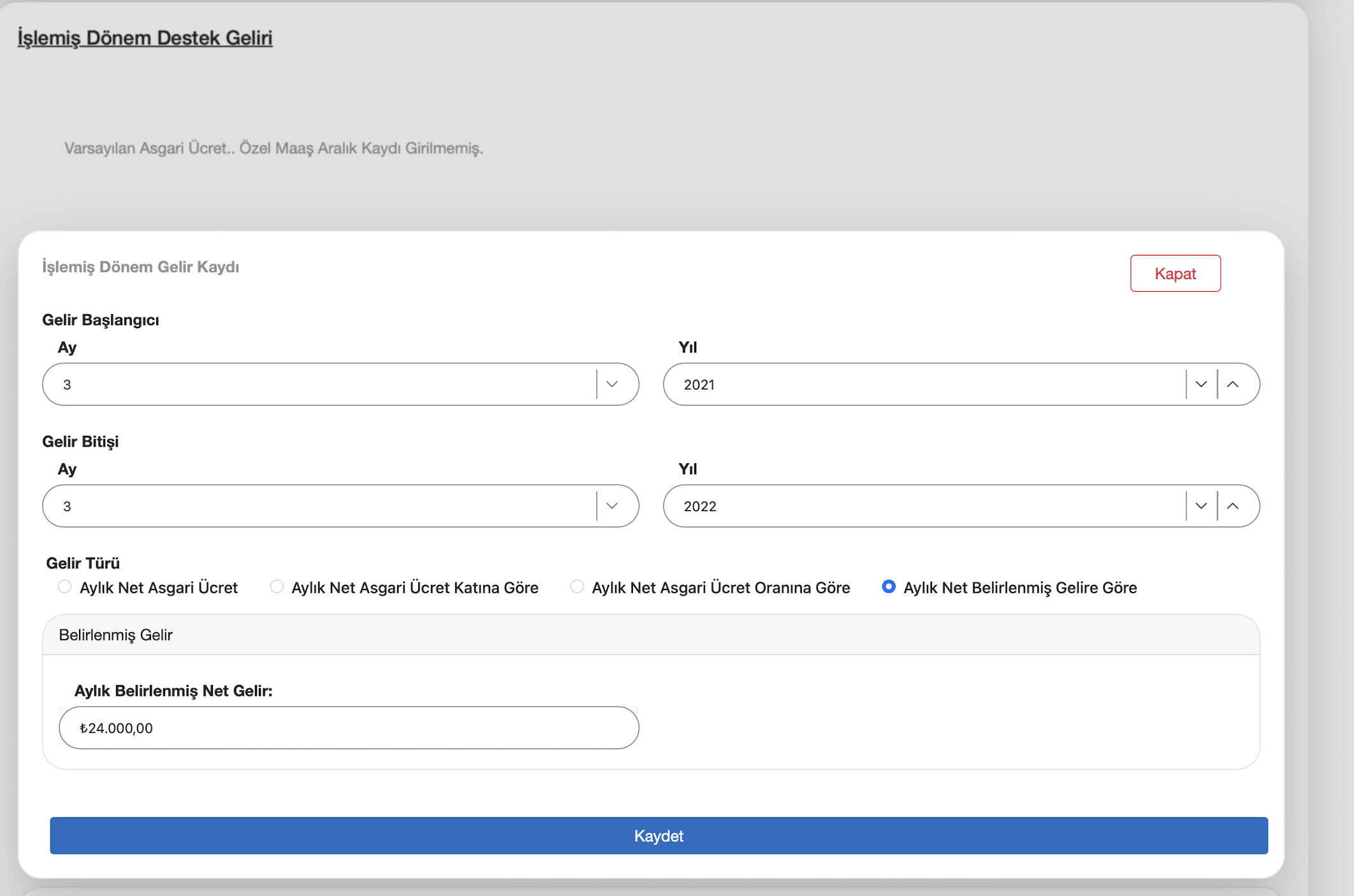 Gelir kaydı ekleme ekranı