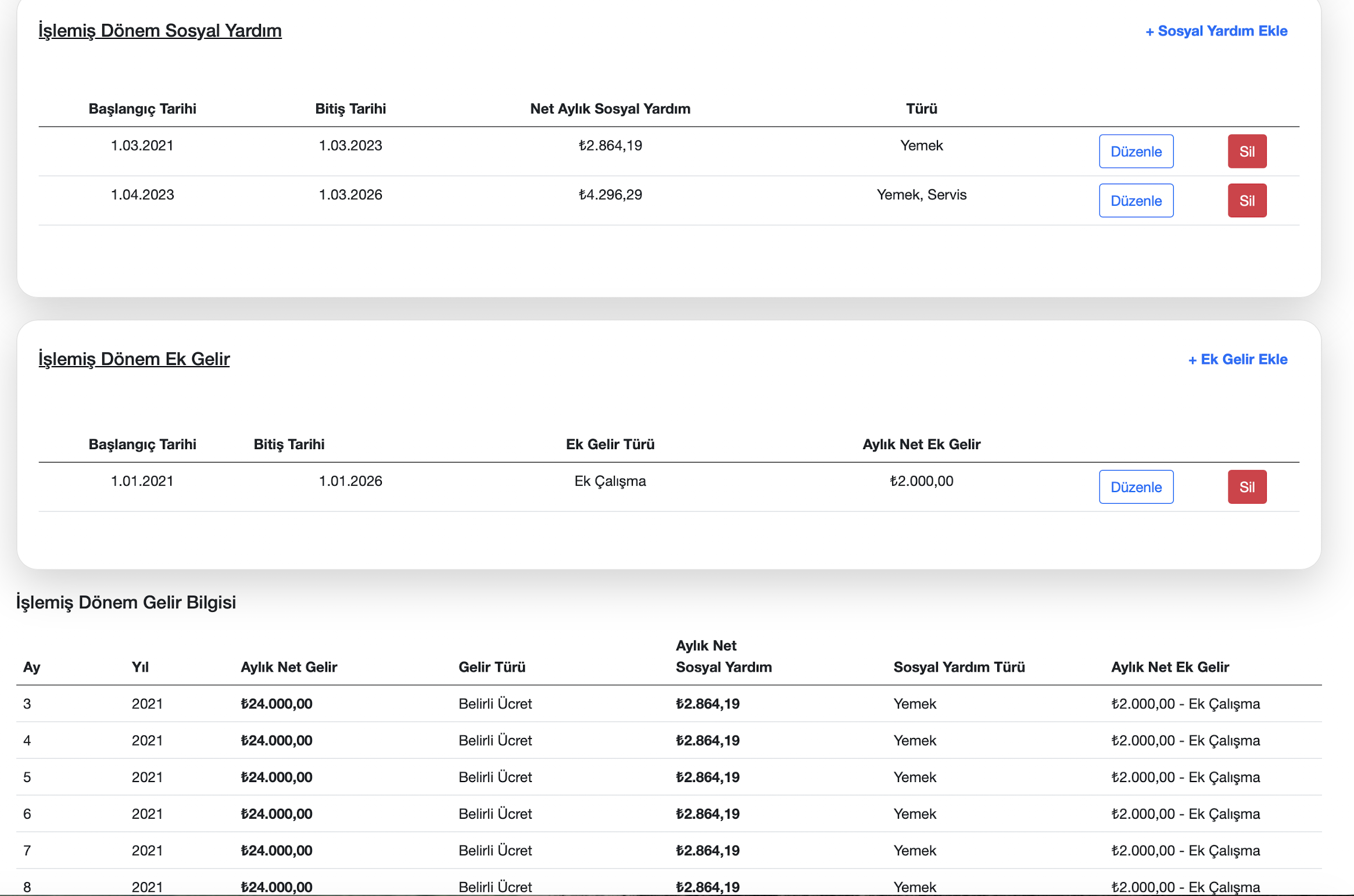 İşlemiş dönem gelir tablosu ekranı