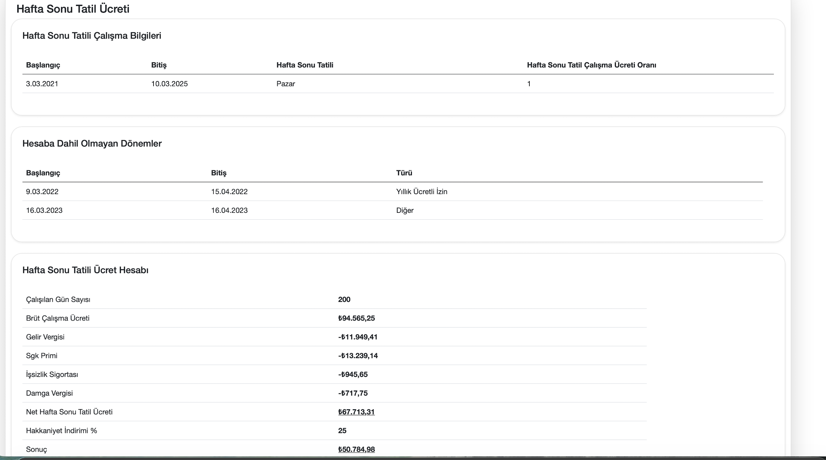 Hafta sonu tatili ücret hesabı ekranı