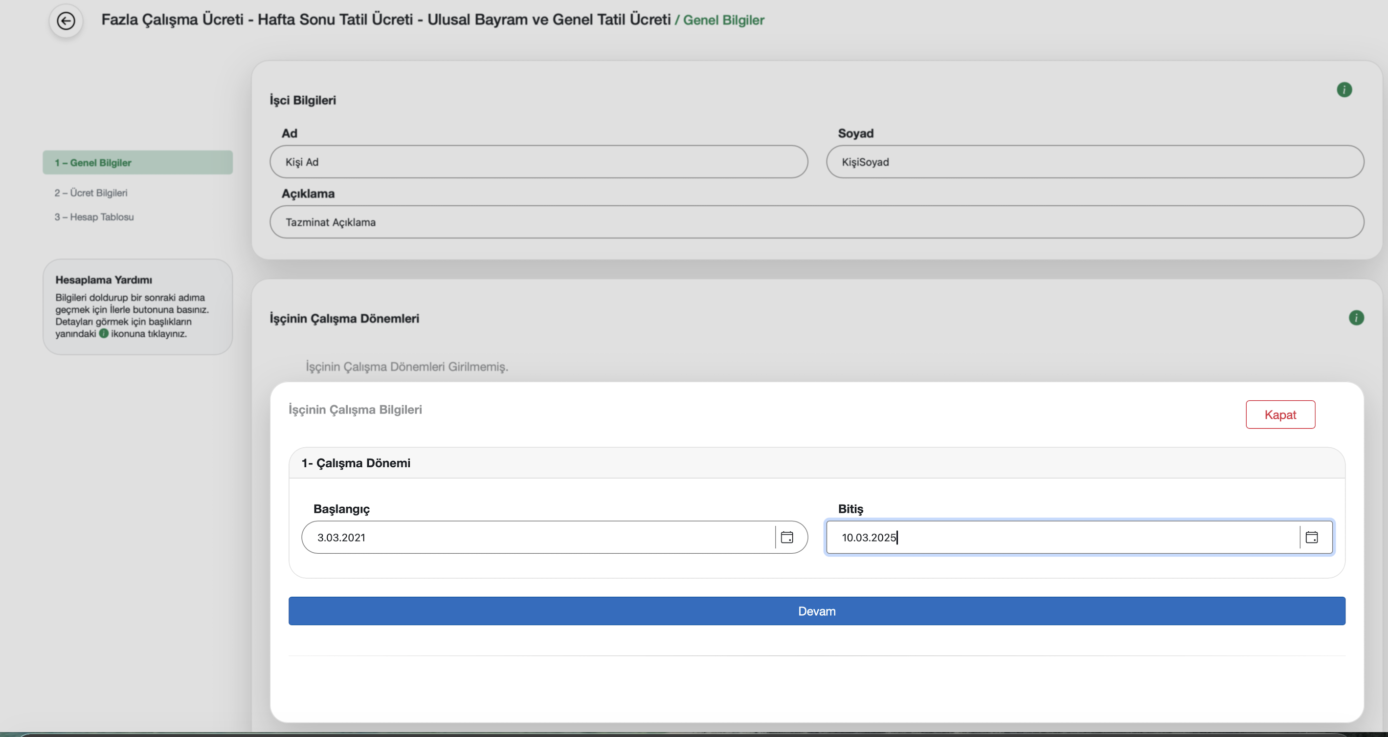 Genel bilgiler ve çalışma dönemi ekranı