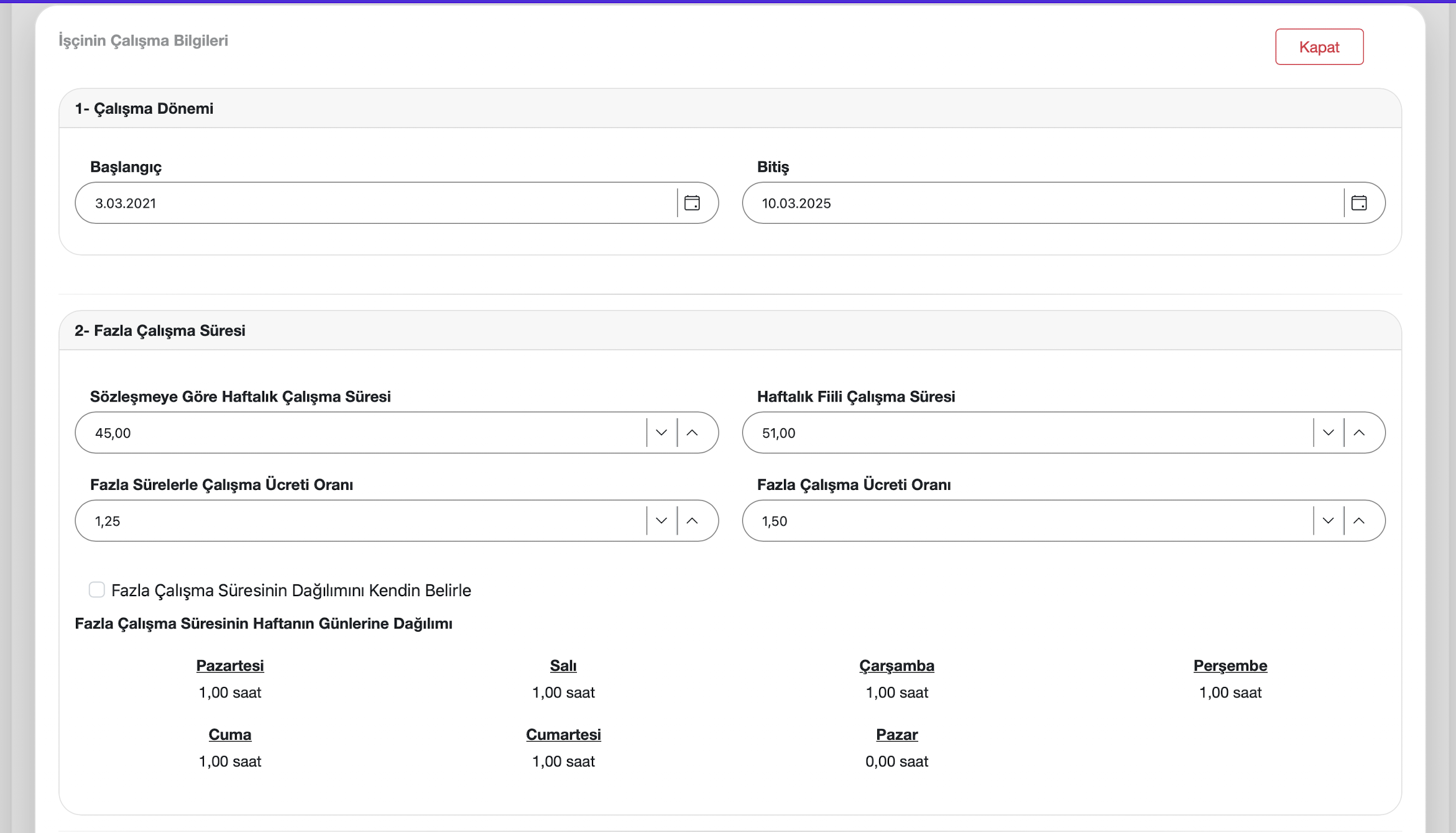 Mesai saat bilgileri ekranı