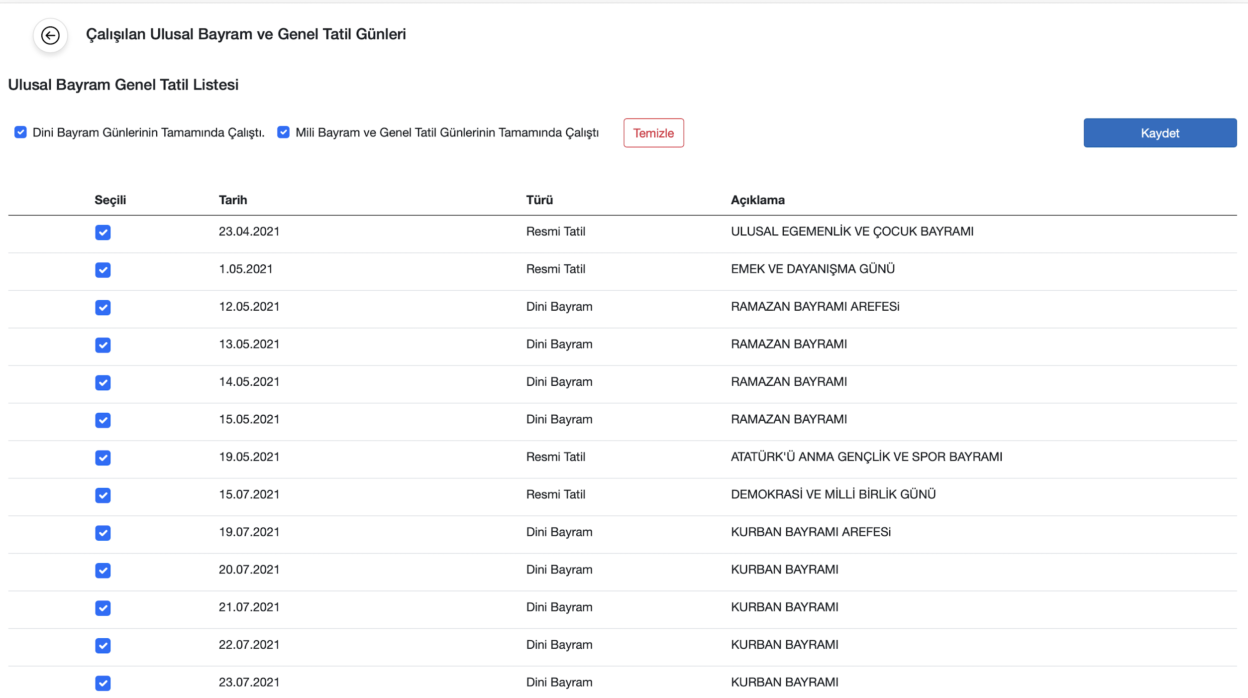 Resmi tatil ve bayram seçimi ekranı