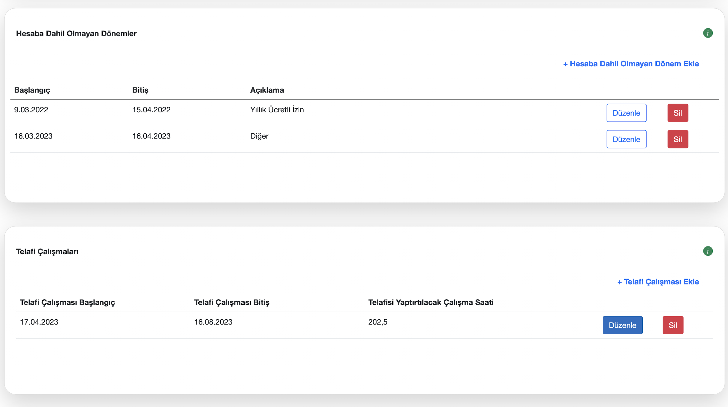Fazla mesai haftaları ekranı