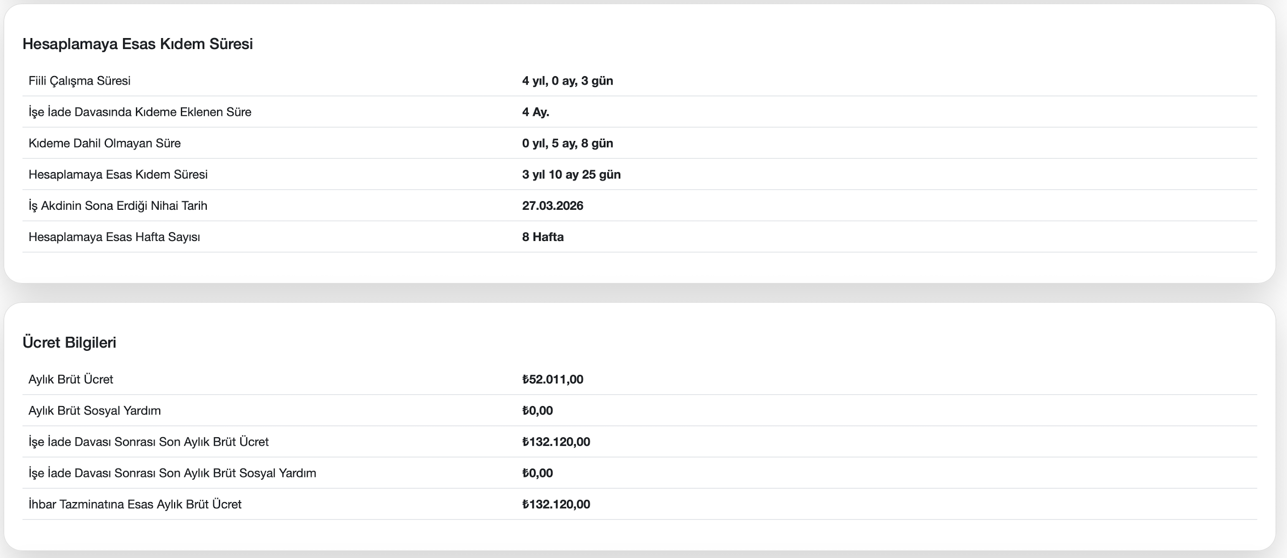 İhbar tazminatı hesap detayı ekranı