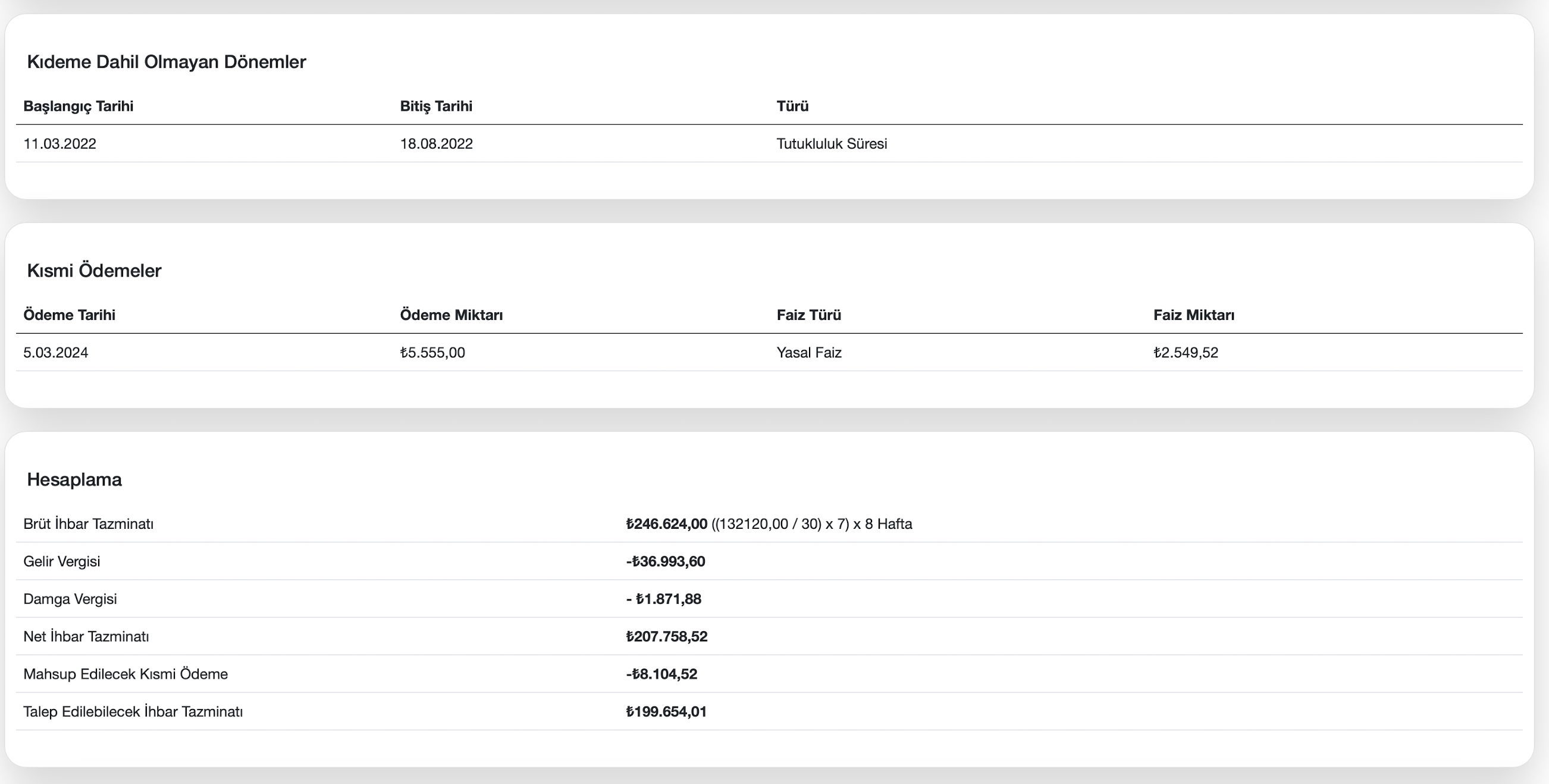 İhbar tazminatı sonuç ekranı
