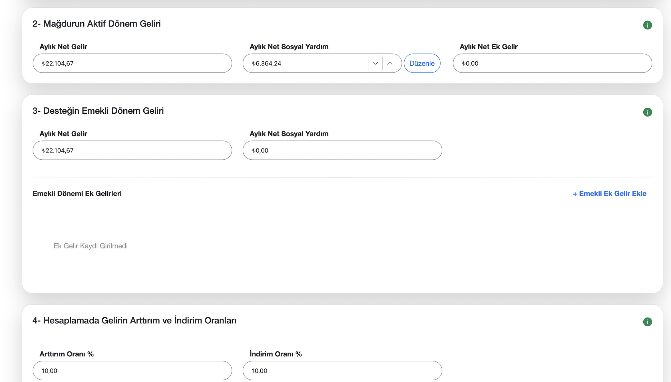 Aktif ve emekli dönem geliri ekranı