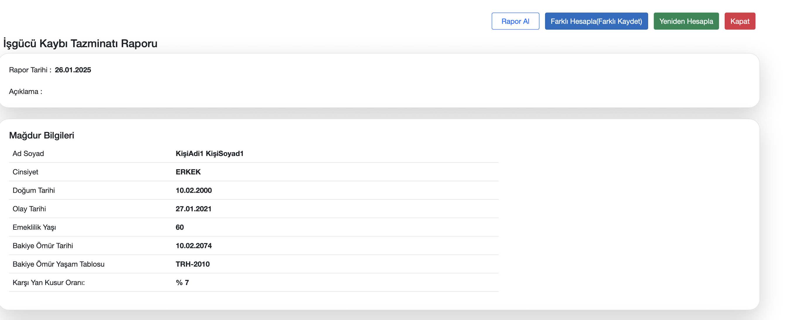 İşgücü kaybı raporu ana ekranı
