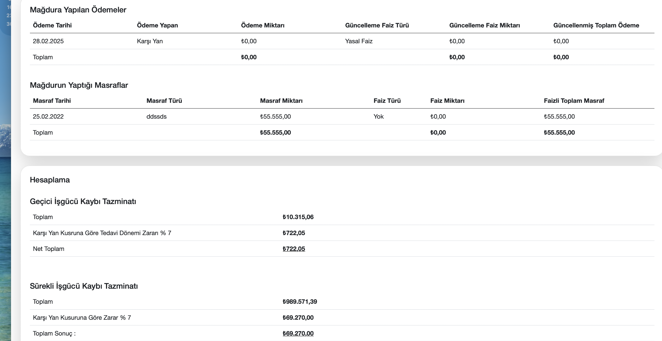 Ödeme masraf ve hesaplama ekranı