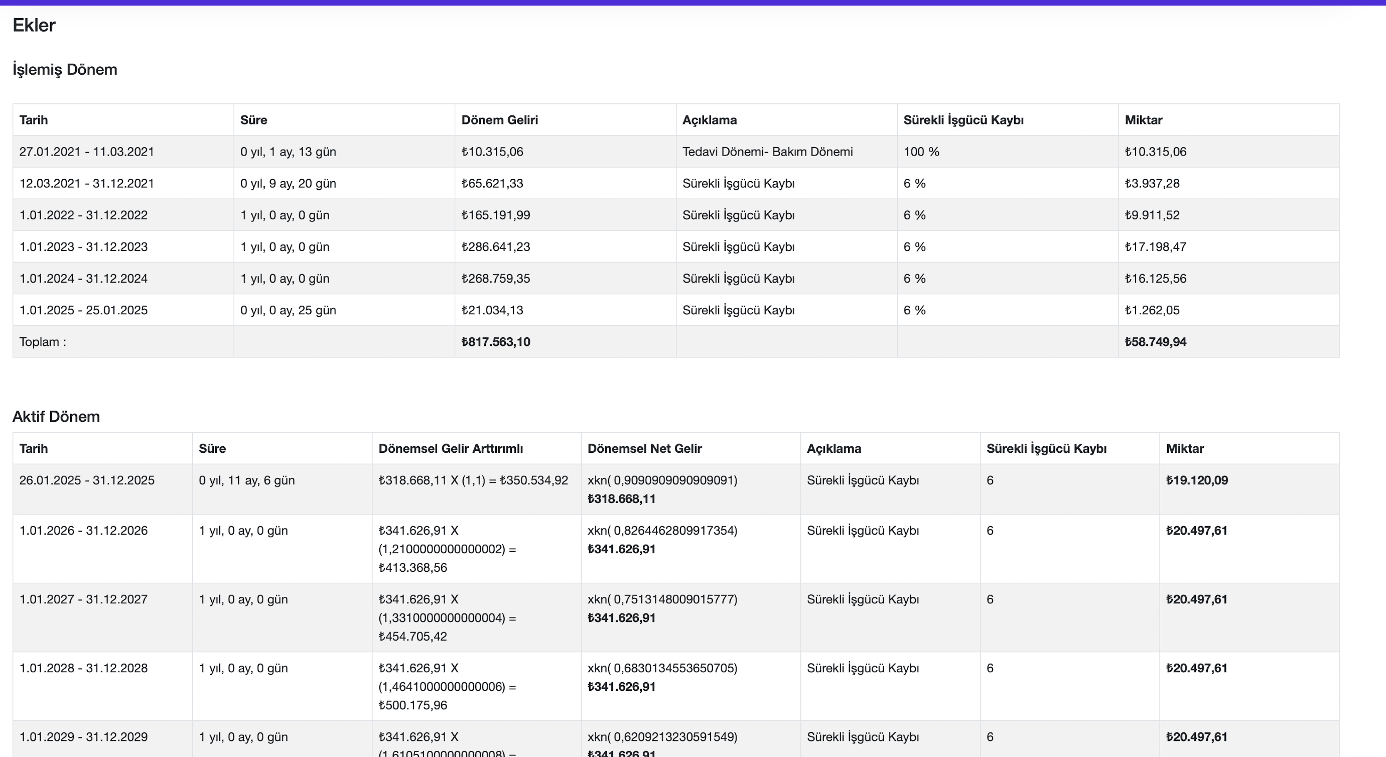 Ekler işlemiş ve aktif dönem ekranı