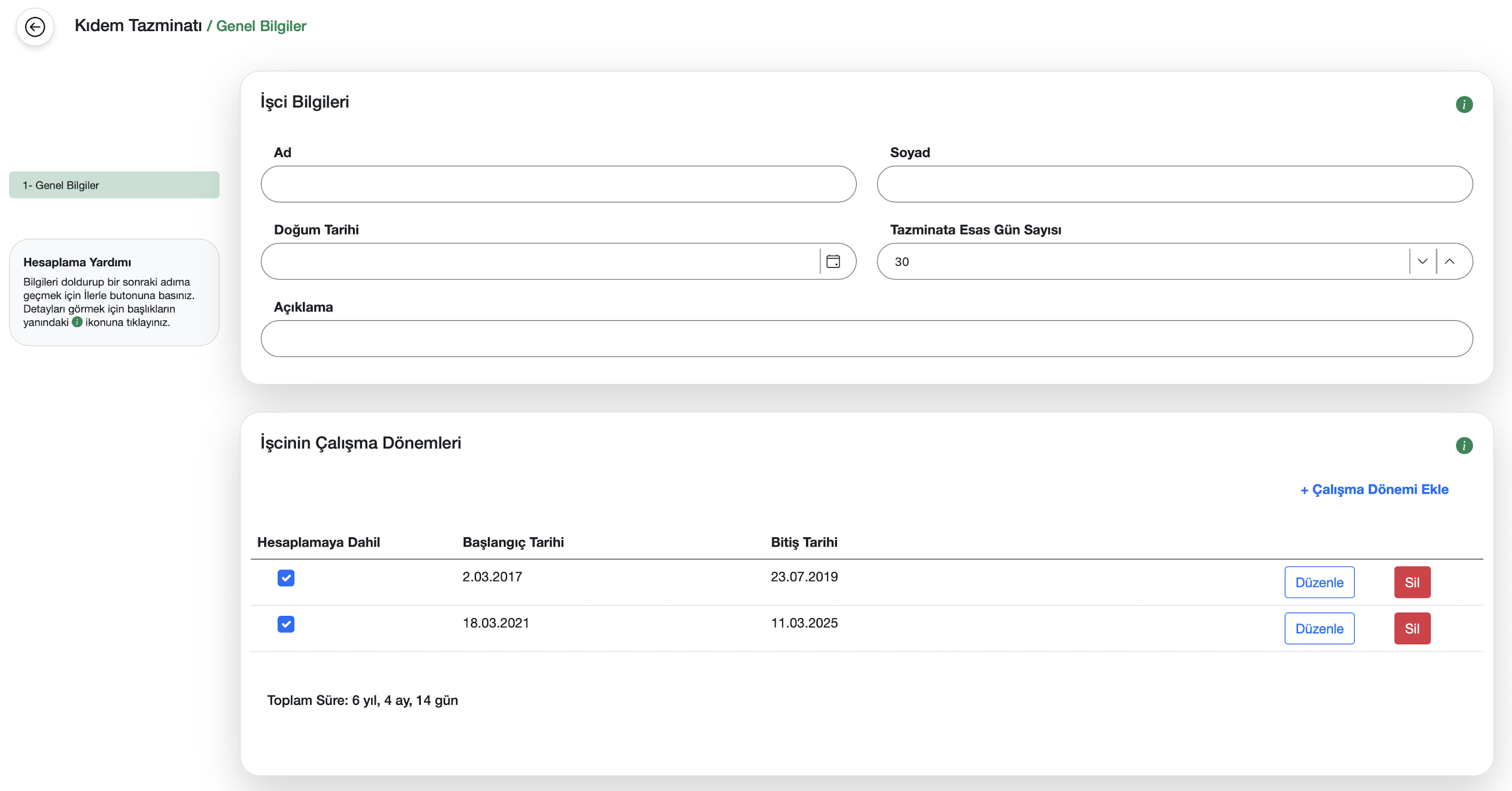 Kıdem tazminatı genel bilgiler ekranı