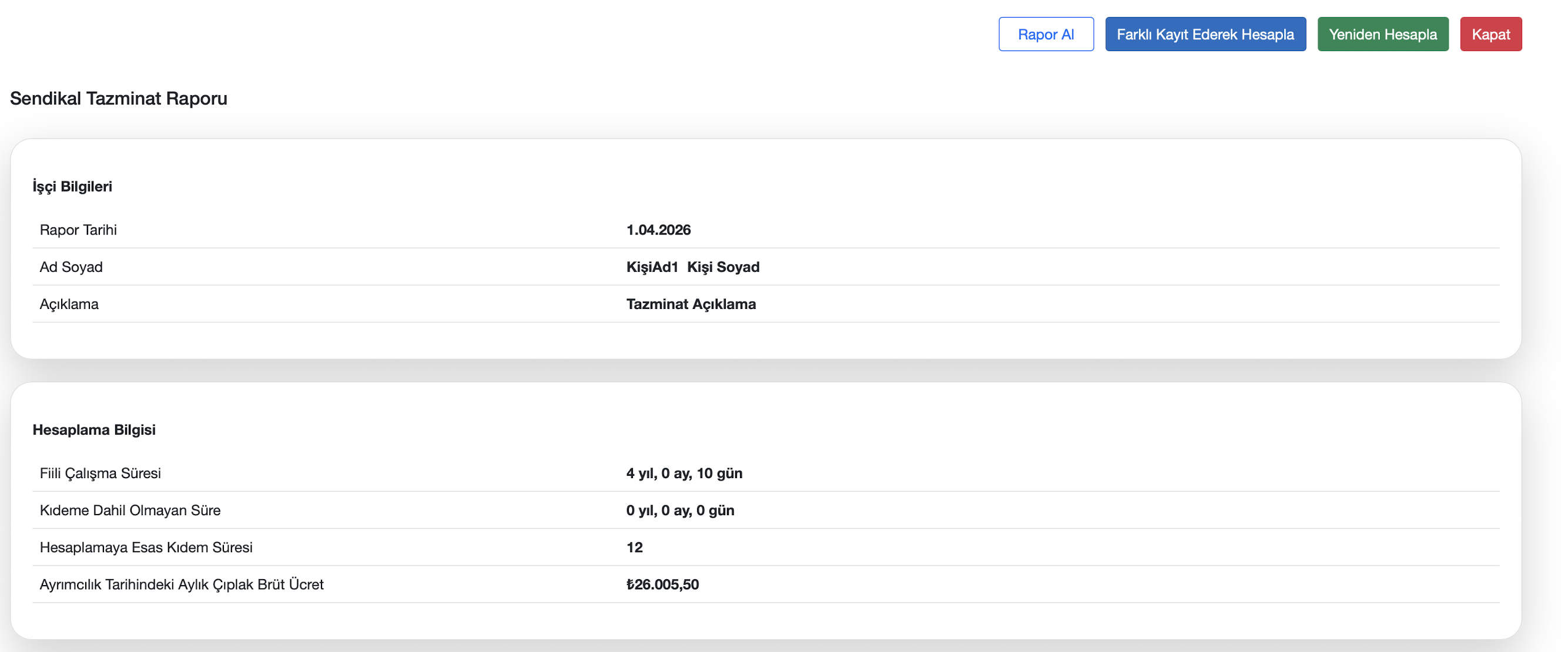 Sendikal tazminat hesap ekranı