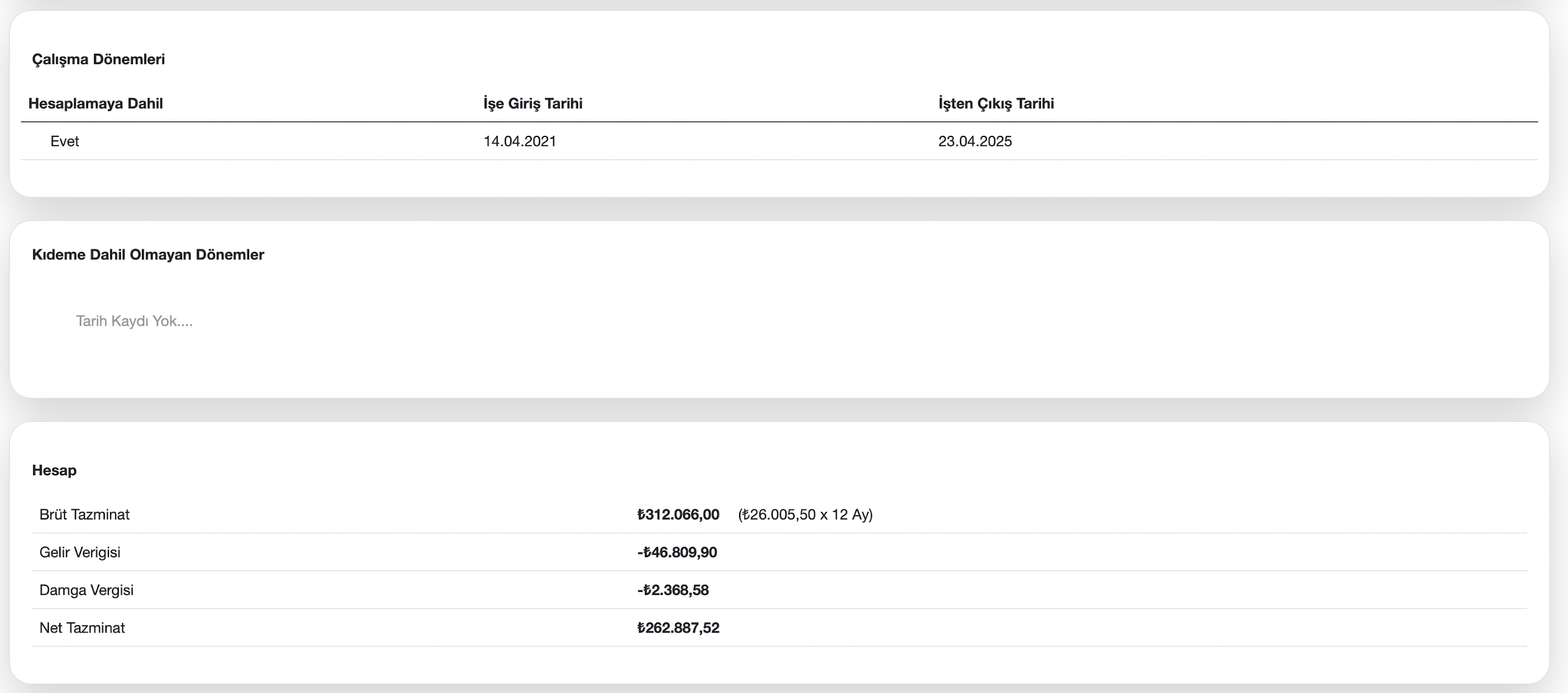 Sendikal tazminat sonuç ekranı