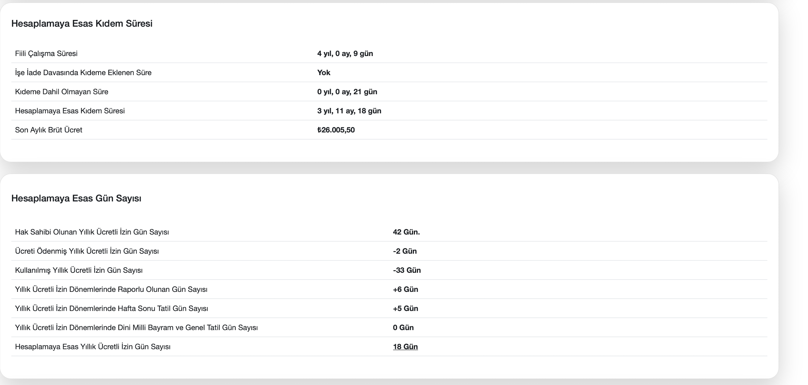 Kıdeme esas süre ve gün sayısı ekranı
