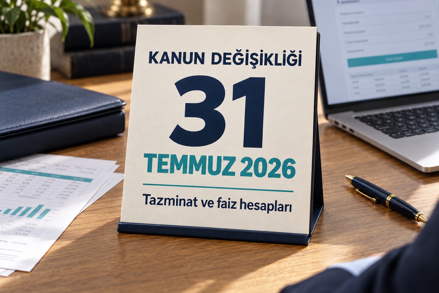 Temsili reklam fotoğrafı: çalışma masasında Kanun Değişikliği, 31 Temmuz 2026 ve Tazminat ve faiz hesapları yazılı büyük tarih kartı; arka planda bilgisayar ve hesap belgeleri.