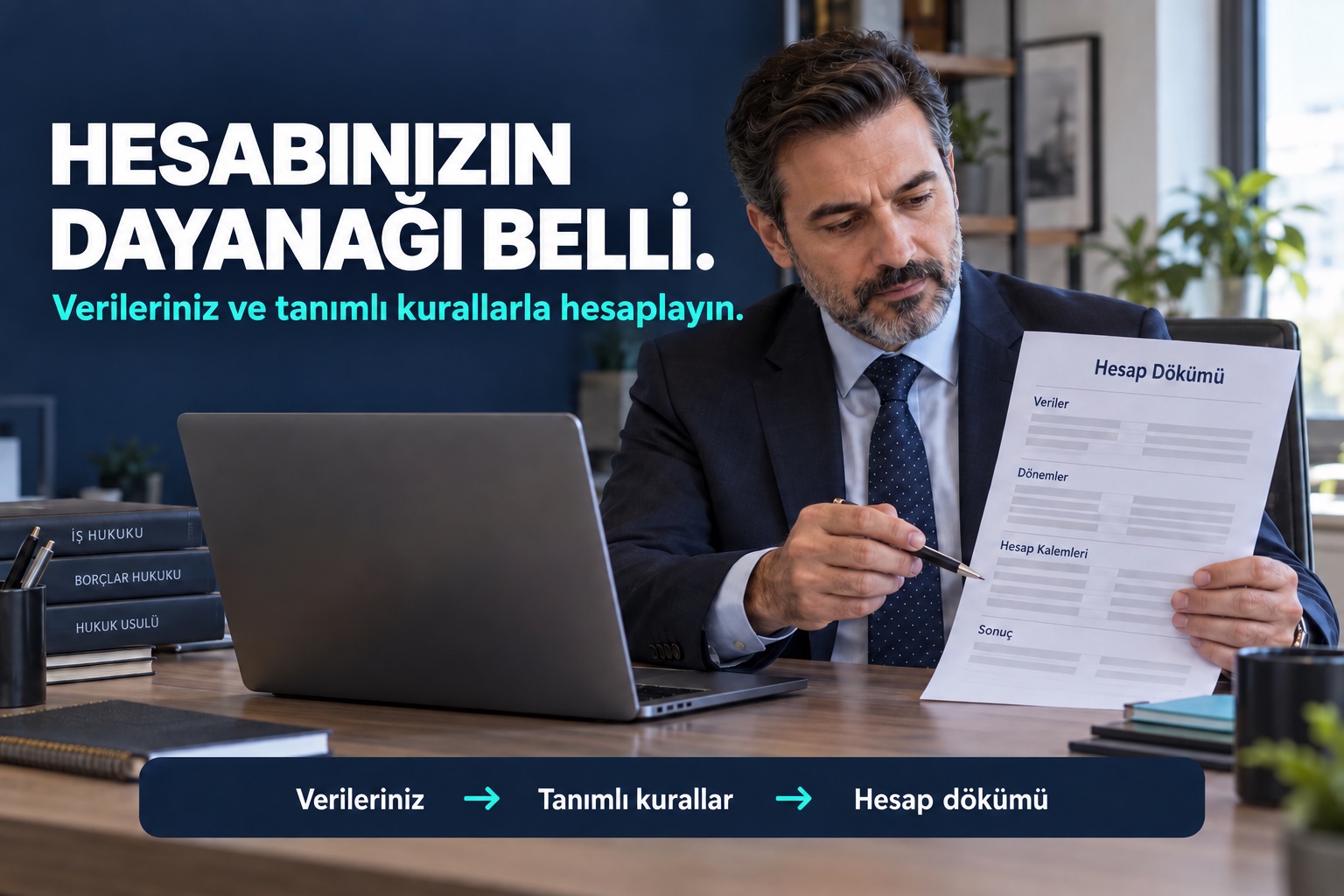 Temsili reklam fotoğrafı: avukat hesap dökümünü inceliyor. Hesabınızın dayanağı belli; verileriniz ve tanımlı kurallarla hesaplayın.