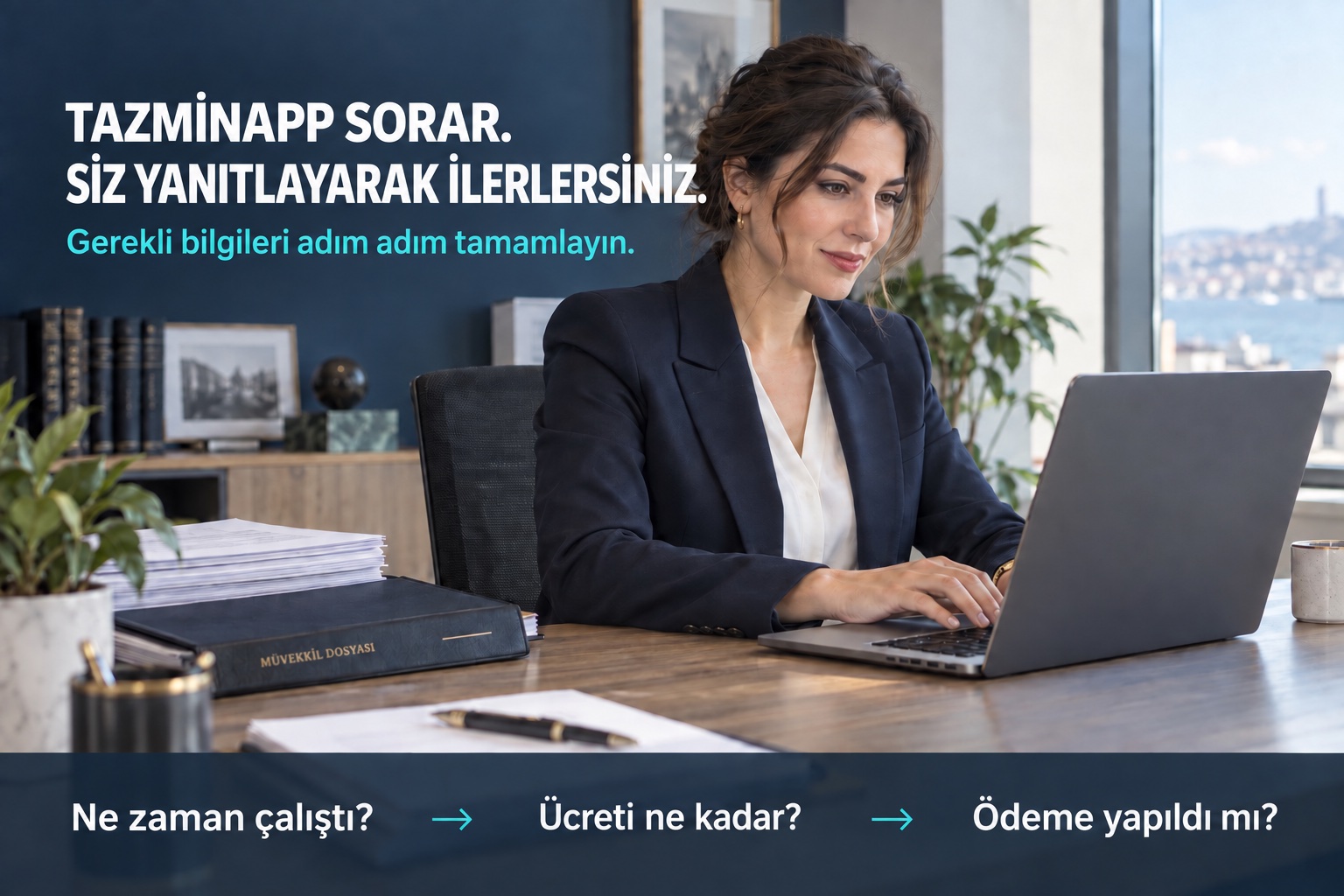 Temsili reklam fotoğrafı: TazminApp sorar, siz yanıtlayarak ilerlersiniz. Örnek sorular: Ne zaman çalıştı, ücreti ne kadar, ödeme yapıldı mı?
