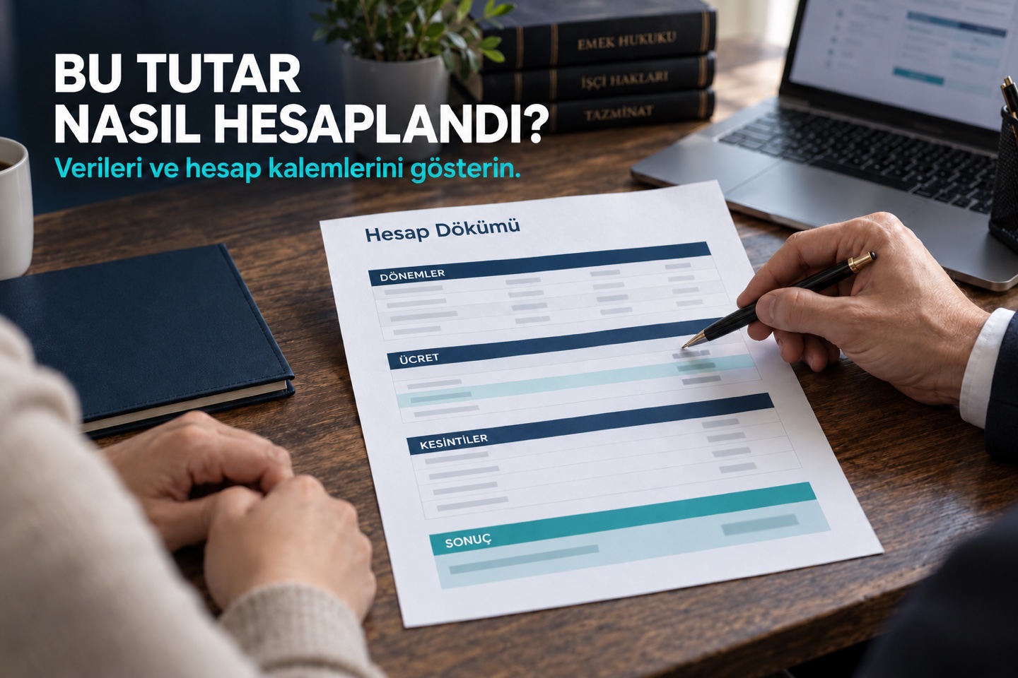 Temsili reklam fotoğrafı: bir hesap dökümündeki dönem, ücret, kesinti ve sonuç bölümleri kalemle açıklanıyor. Başlık: Bu tutar nasıl hesaplandı?