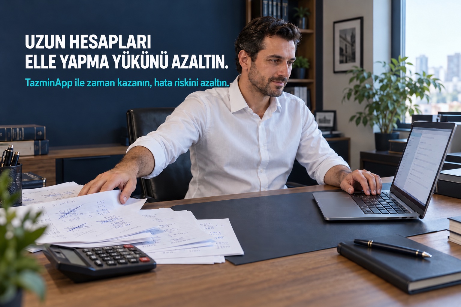 Temsili reklam fotoğrafı: avukat elle hesaplama kağıtlarını kenara alarak bilgisayarda çalışıyor. Uzun hesapları elle yapma yükünü azaltın. TazminApp ile zaman kazanın, hata riskini azaltın.