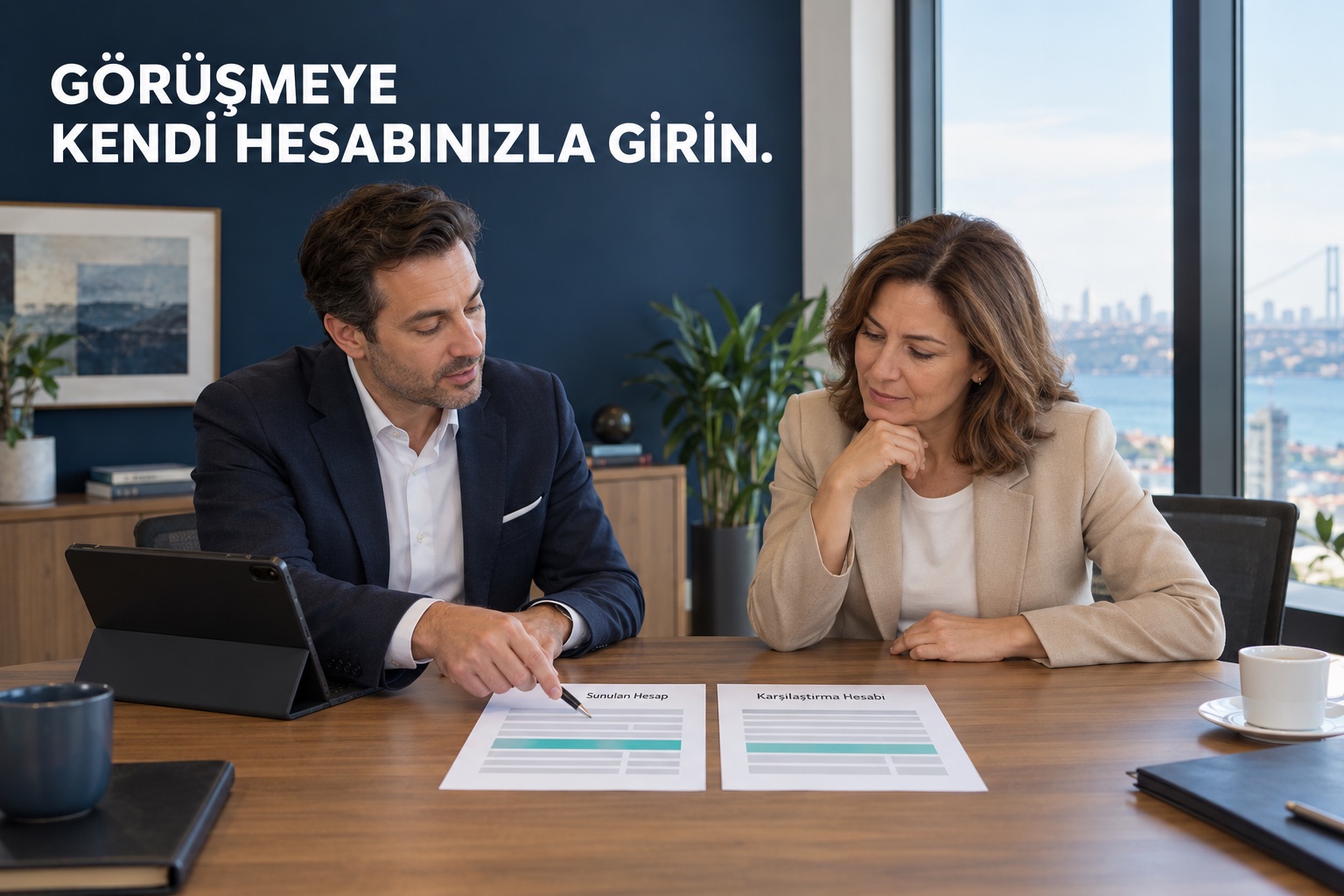 Temsili reklam fotoğrafı: avukat ve işveren, sunulan hesap ile karşılaştırma hesabını görüşme masasında birlikte değerlendiriyor.