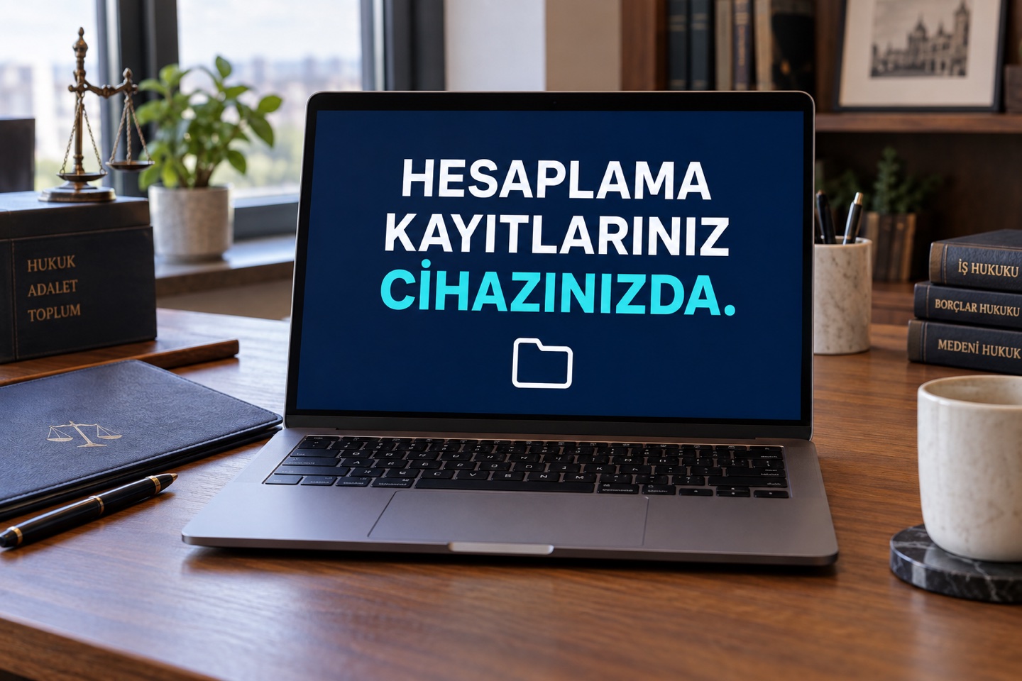 Temsili reklam fotoğrafı: bilgisayar ekranında Hesaplama kayıtlarınız cihazınızda mesajı.