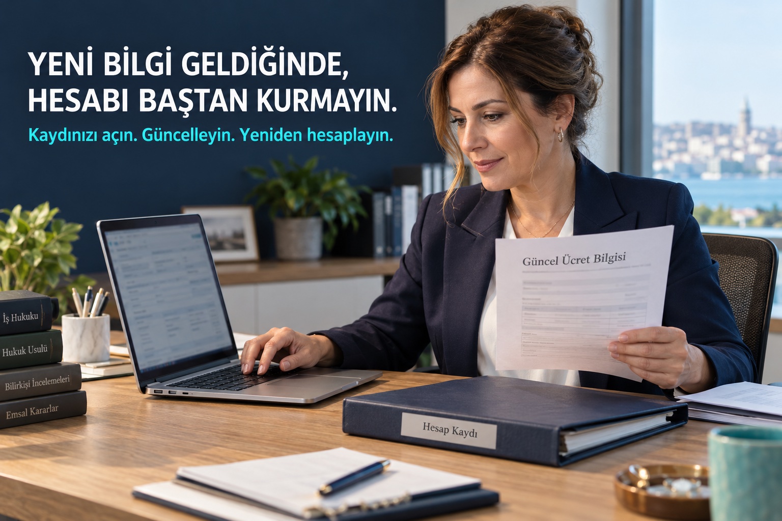 Temsili reklam fotoğrafı: avukat yeni ücret belgesini inceleyerek bilgisayardaki mevcut hesabını güncelliyor. Yeni bilgi geldiğinde hesabı baştan kurmayın.
