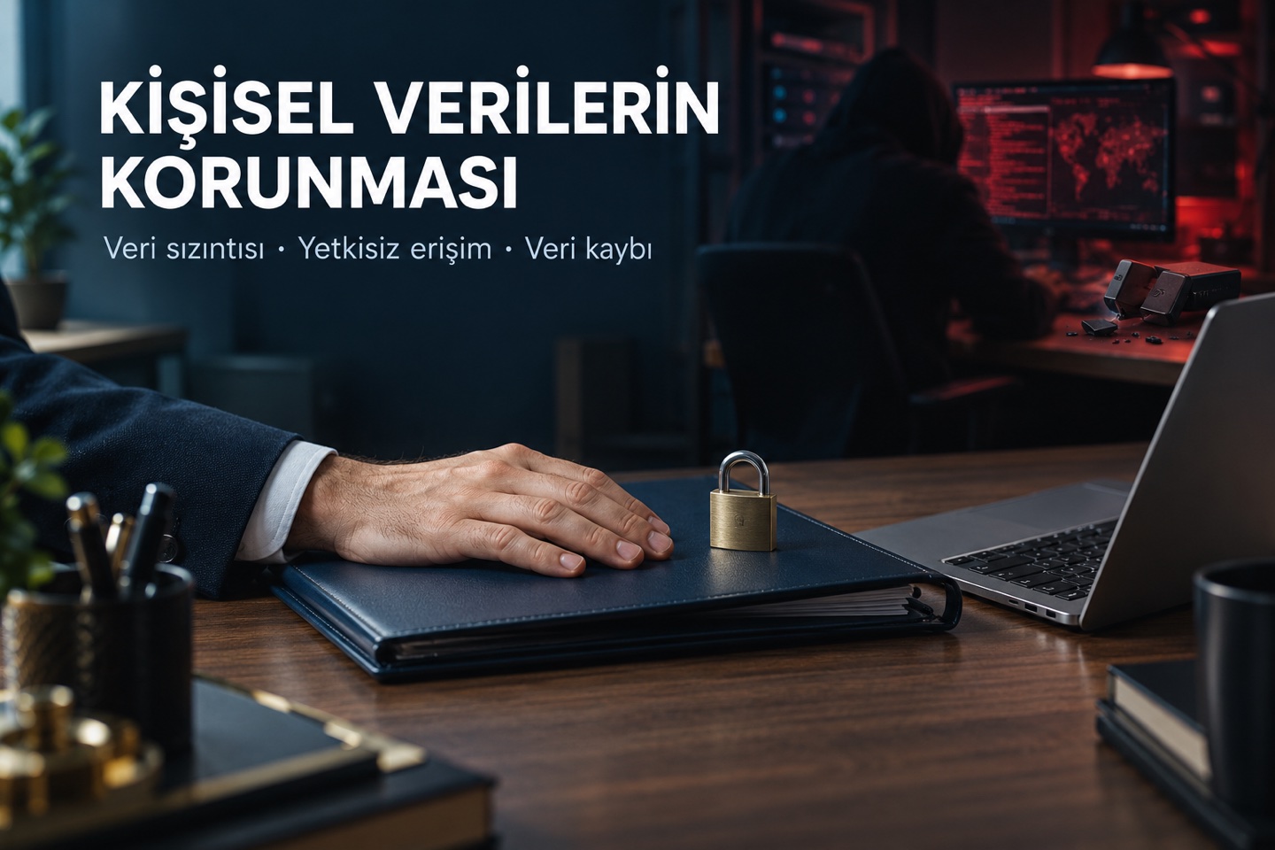Kişisel verilerin korunması temalı temsili reklam görseli: ön planda dosya ve bilgisayar, arka planda hacker figürü; veri sızıntısı, yetkisiz erişim ve veri kaybı vurguları.