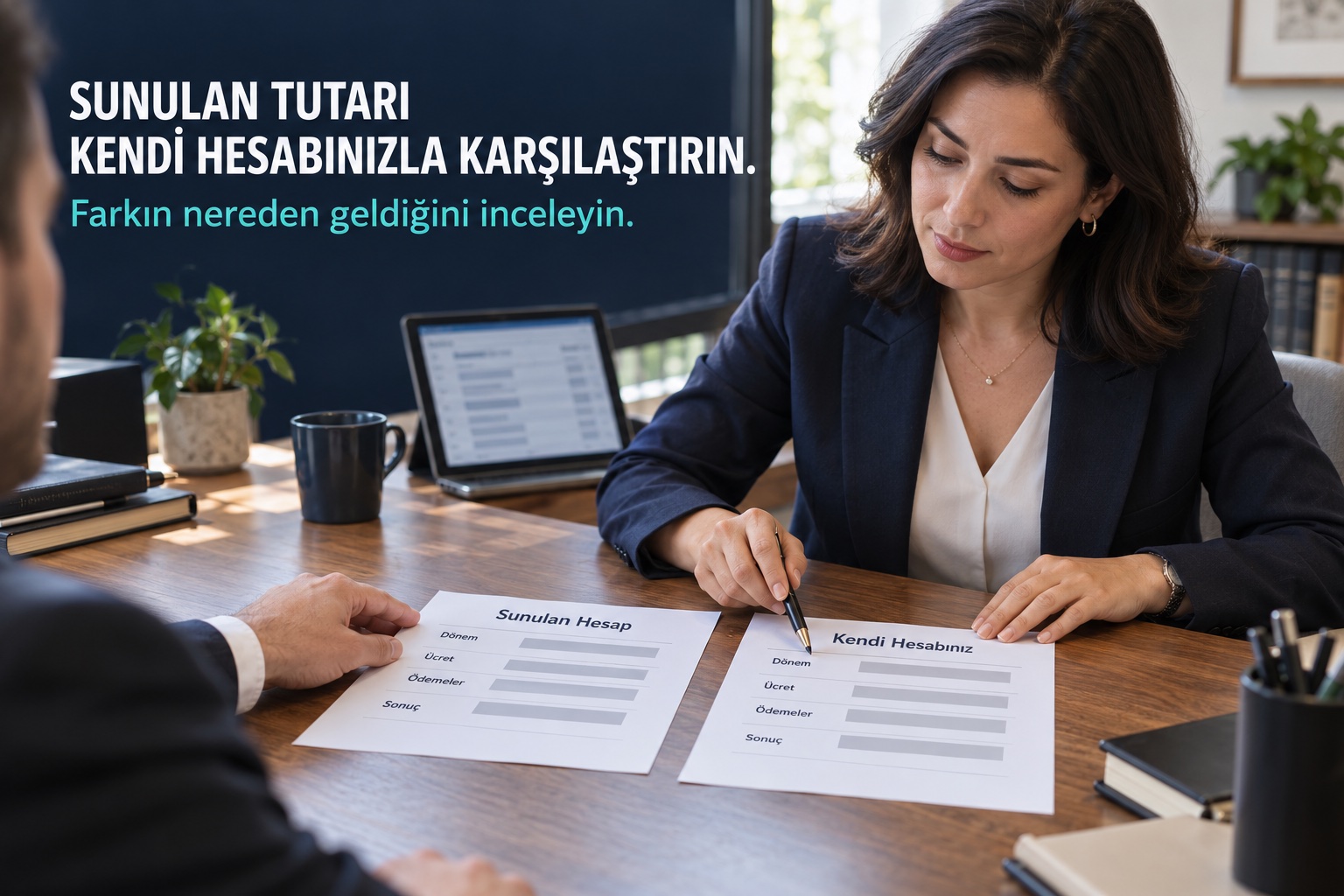 Temsili reklam fotoğrafı: avukat, kendisine sunulan hesap ile kendi hesabındaki satırları yan yana inceliyor. Sunulan tutarı kendi hesabınızla karşılaştırın.