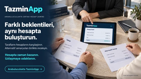 Arabulucu ve iki tarafın, tablet üzerindeki TazminApp hesabını farklı taleplerle birlikte değerlendirdiği görüşme.