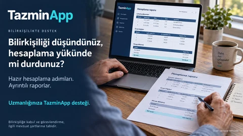 Bilirkişilik hesap raporunu TazminApp ekranıyla birlikte inceleyen uzmanın elleri; yüzler kadraj dışında.