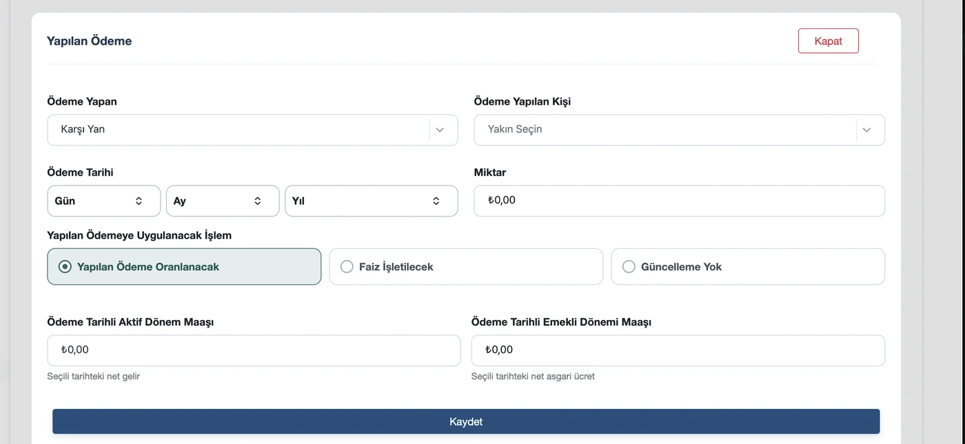 TazminApp destekten yoksun kalma hesabı: Ödeme ekleme