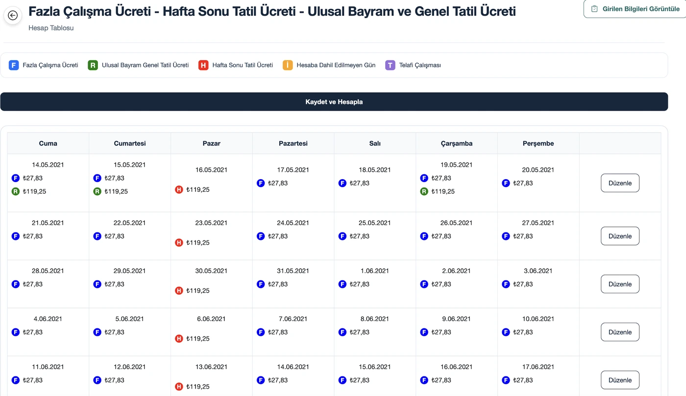 TazminApp fazla çalışma ve tatil ücreti hesabı: Haftalık tablo