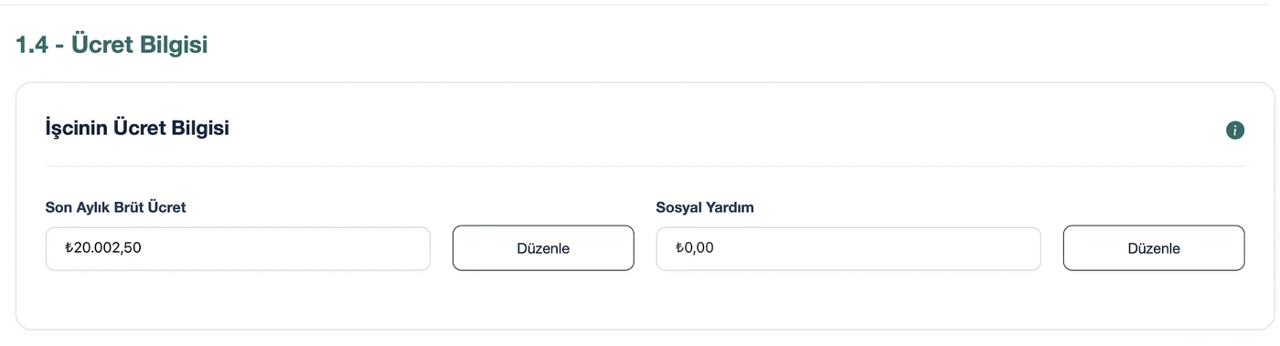 Gerçek TazminApp ücret bilgisi ekranında son aylık brüt ücret ve sosyal yardım için ayrı düzenleme alanları
