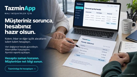 Mali müşavirin, TazminApp ekranı ve hesap dökümü üzerinden müşterisine işçilik alacaklarını açıkladığı görüşme.