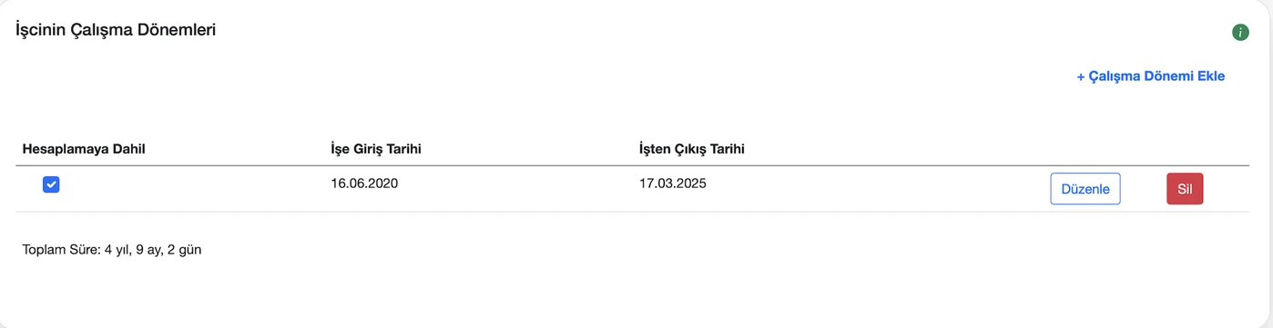 TazminApp ölüm tazminatı hesabı: Çalışma dönemleri